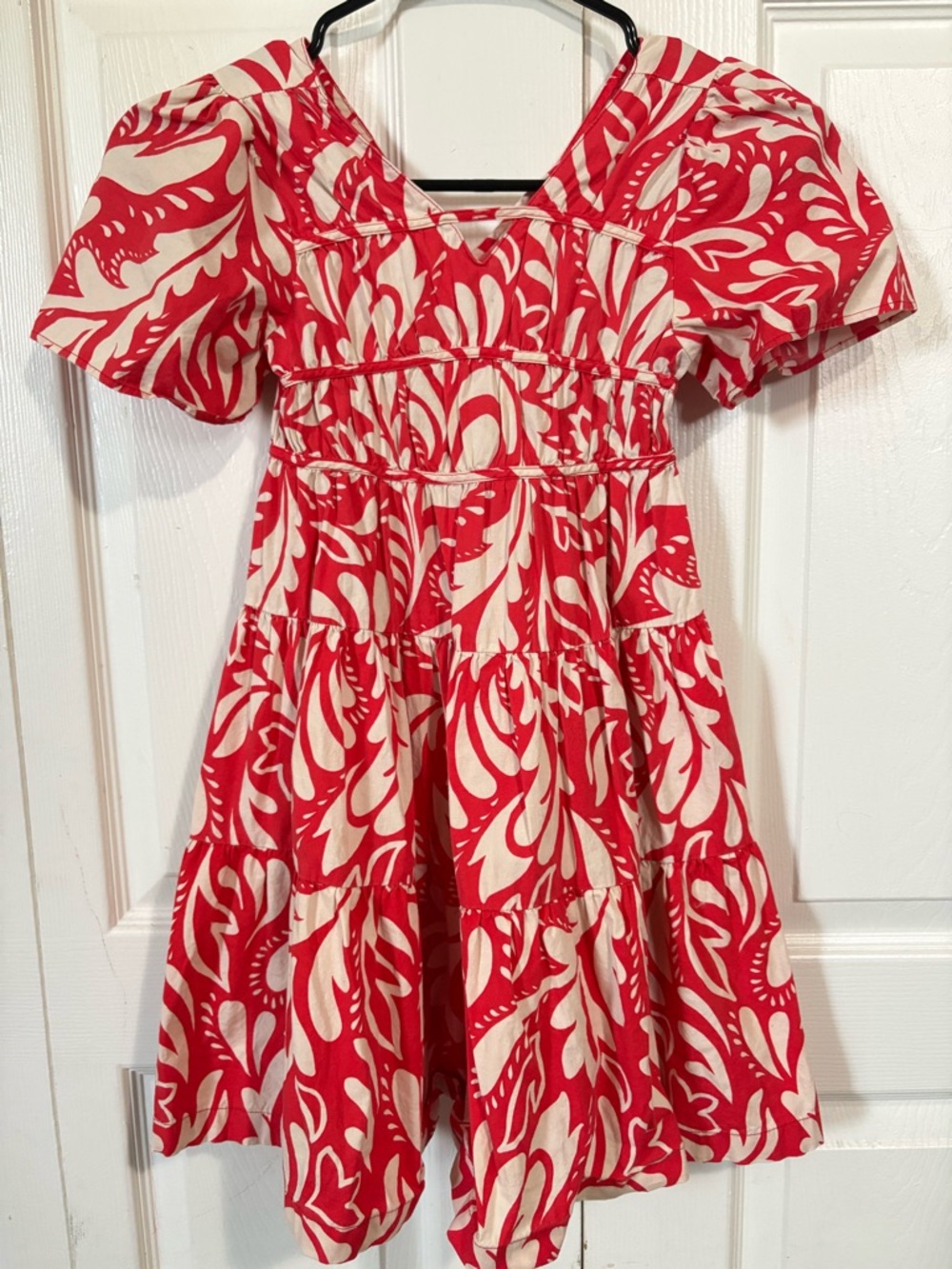 Zara Red and Cream Tiered Puff Sleeve Dress